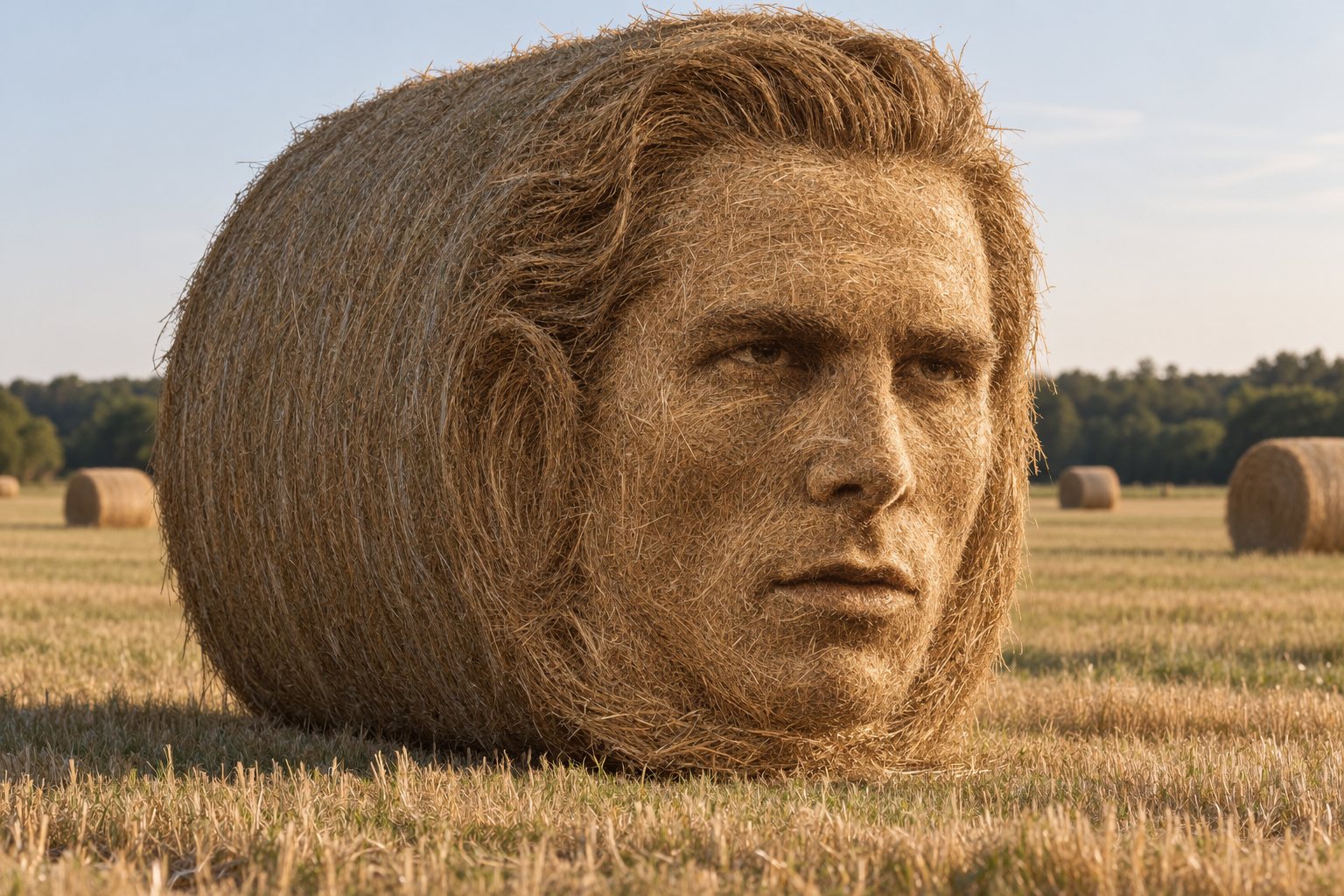A round hay bale sculpted into Christian Bale's face