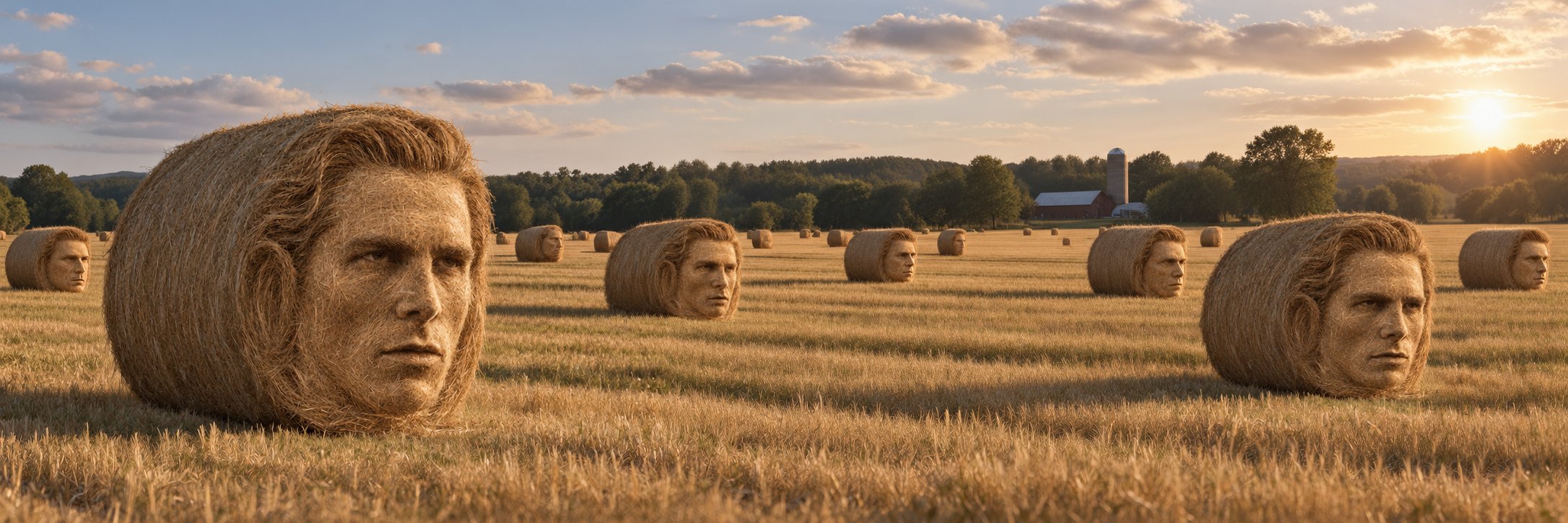 A field of hay bales, each with Christian Bale's face