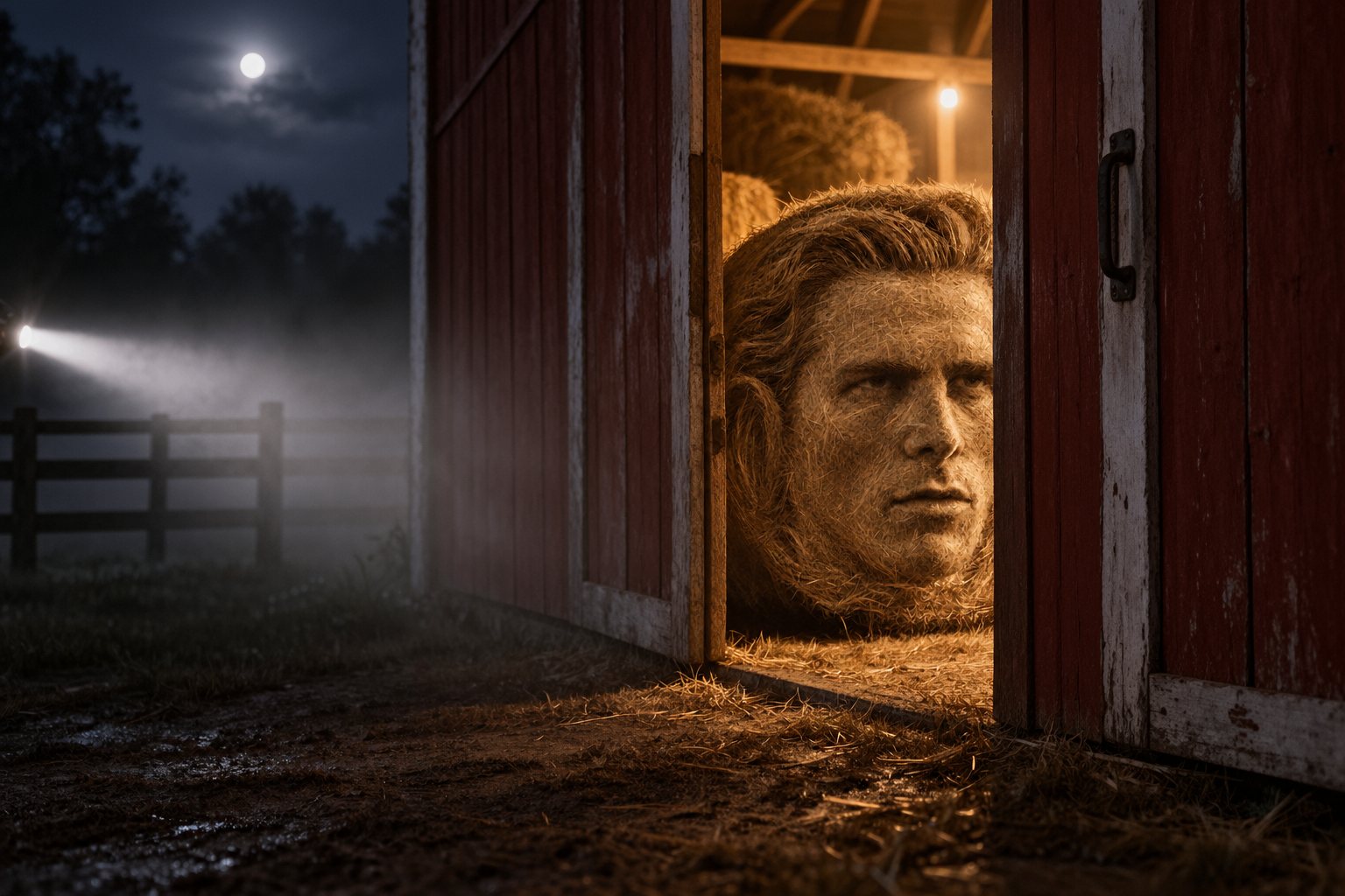 The bale peeking out of a barn door at night