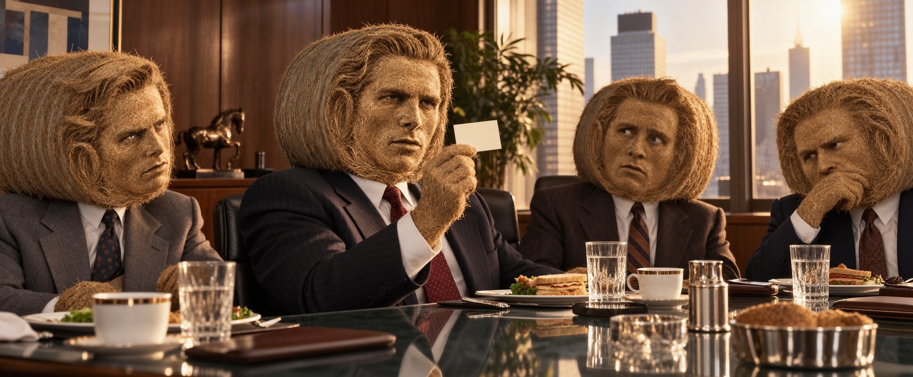 Bales in suits comparing business cards