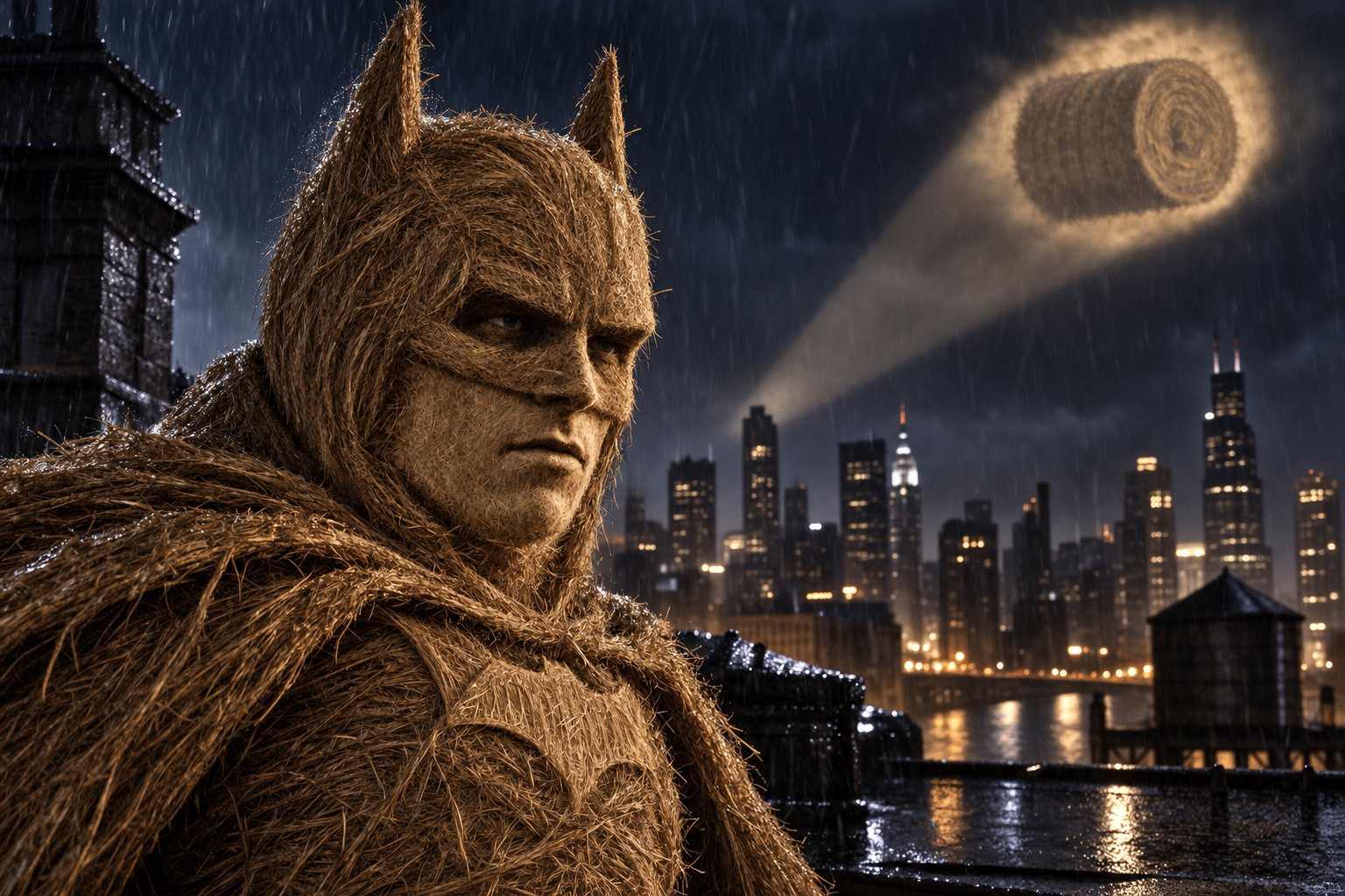The bale as Batman on a rooftop at night
