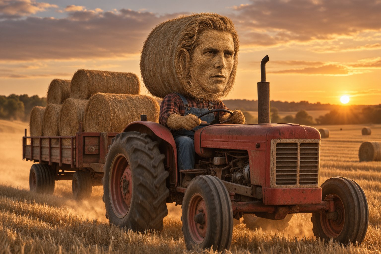 The bale driving a red tractor at sunset